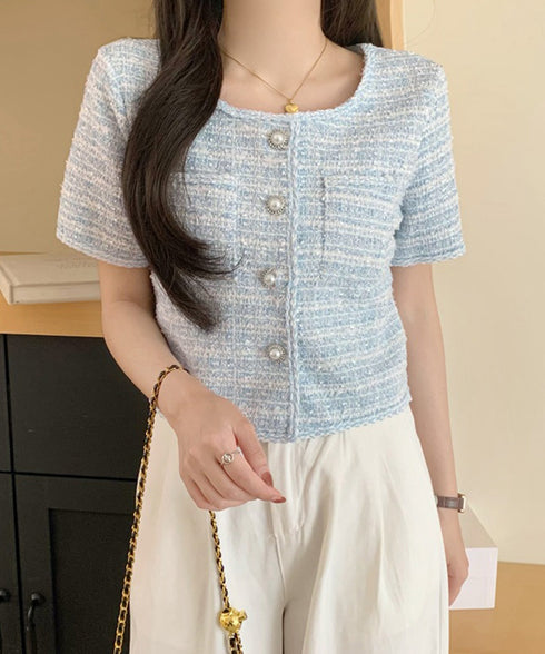 ツイード風ジャケットノーカラージャケット レディース パールボタン オフィス夏服 ショート丈アウター フォーマル カーディガン きれいめ羽織り サマージャケット夏 86SSJL-022